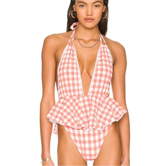 Montce Pampas one piece deep v gingham ruffle swimsuit NWT - Picture 2 of 5